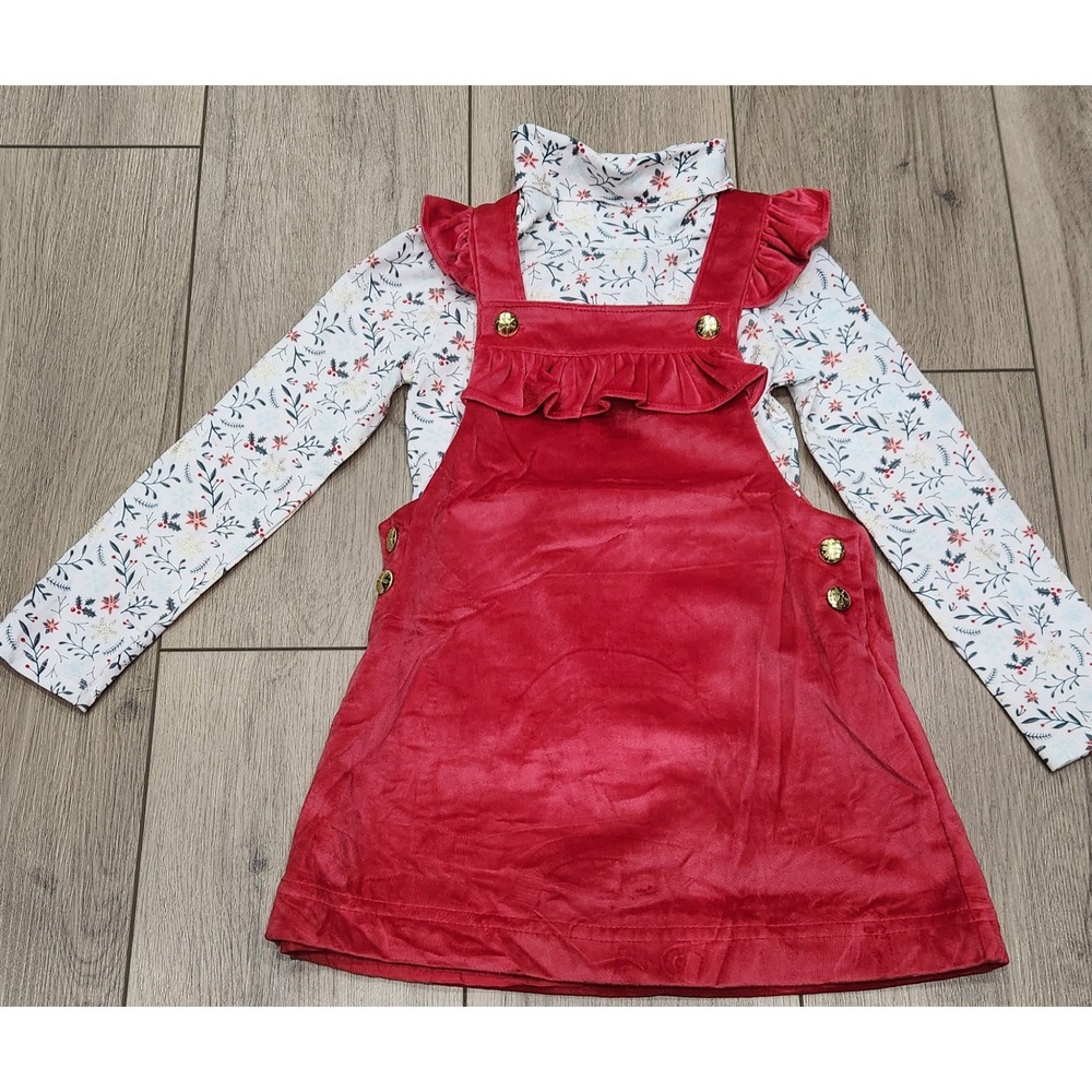 Tahari Girl 3T Red Velvet Jumper Dress Floral Mock Neck Top Outfit Holiday